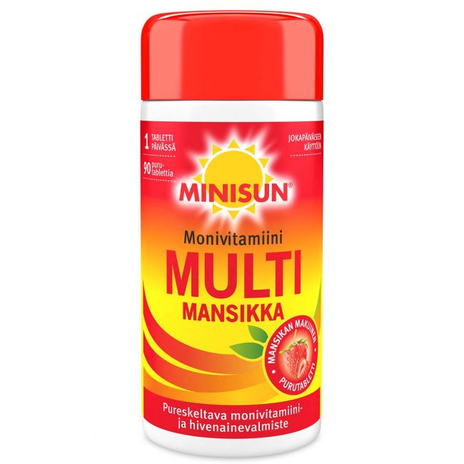 Minisun Monivitamiini Multi Mansikka 90 Purutabl. - Nettiterveysapteekki.fi